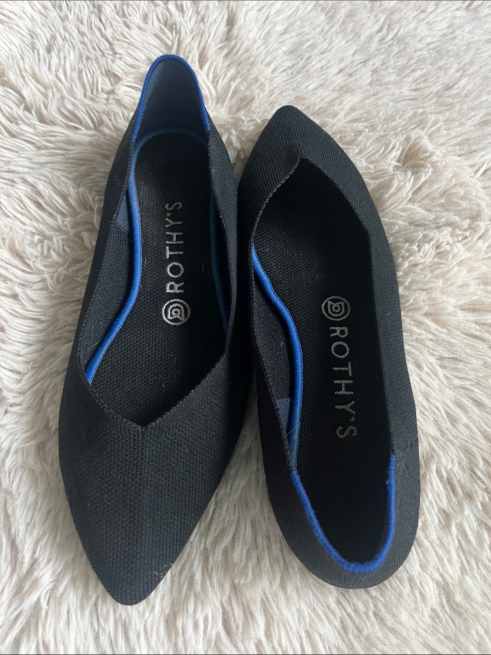 Rothy's Black Pointed Knit Flats with Blue Accent